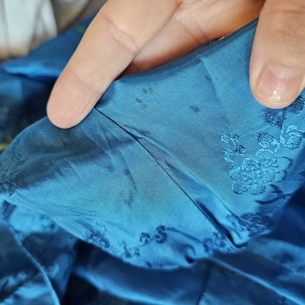 Vintage Chinese Kimono Robe‎ M Satin Blue Embroidered Flowers Bird Bed Jacket